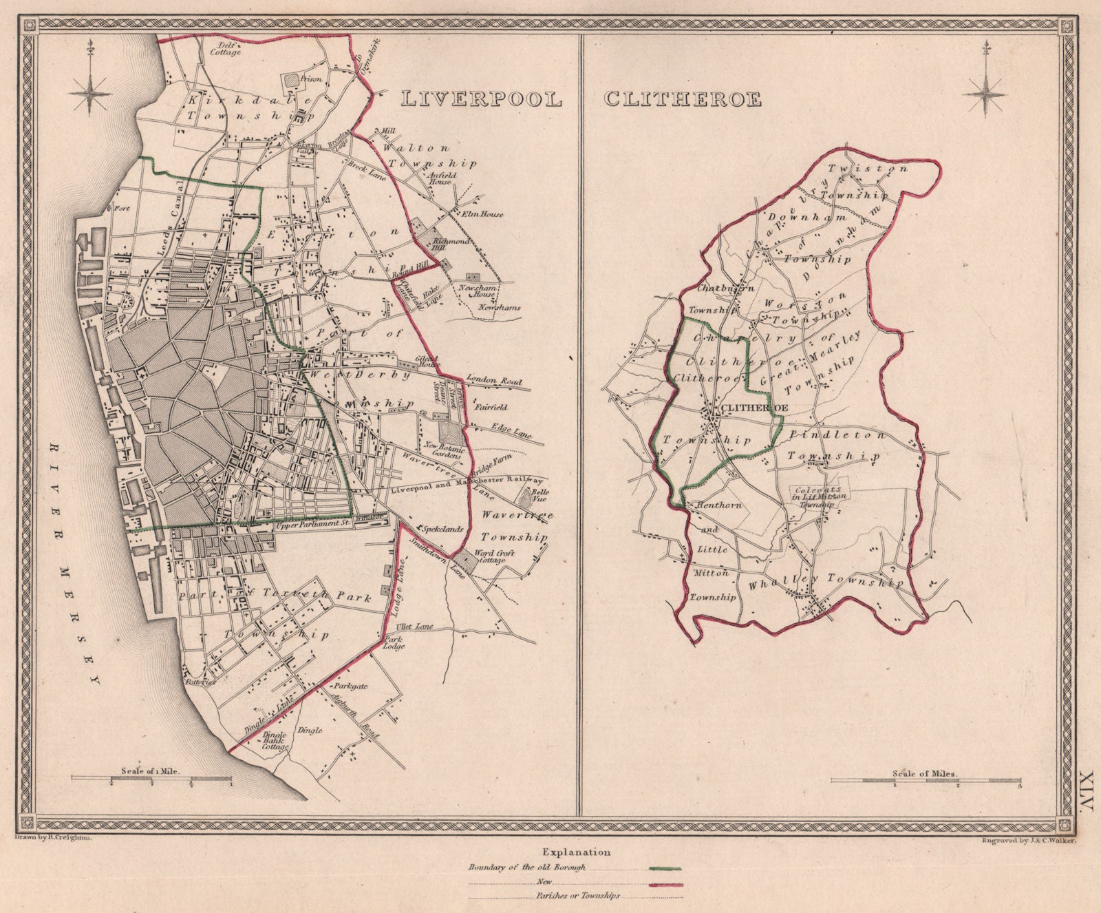 LIVERPOOL & Clitheroe borough town plans. Lancashire. CREIGHTON/WALKER 1835 map